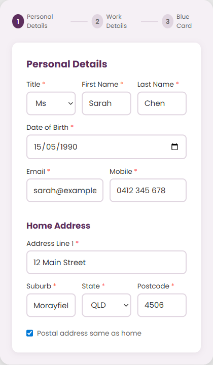 Worker Step 1: Personal details with home address