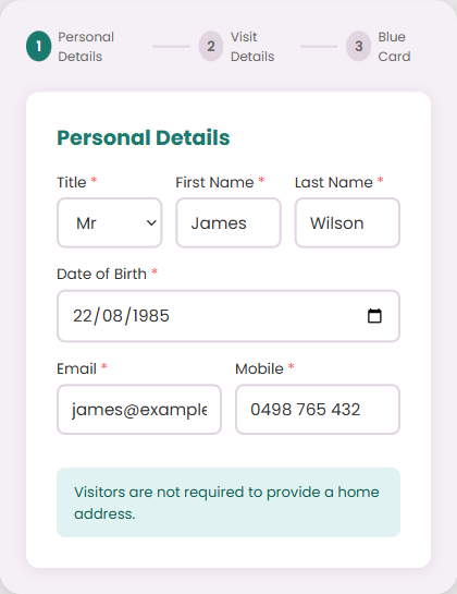 Visitor Step 1: Personal details without address