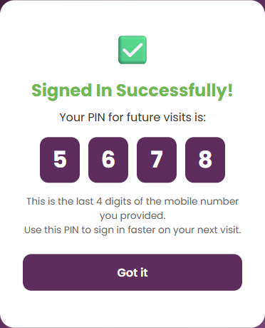 Success screen showing PIN